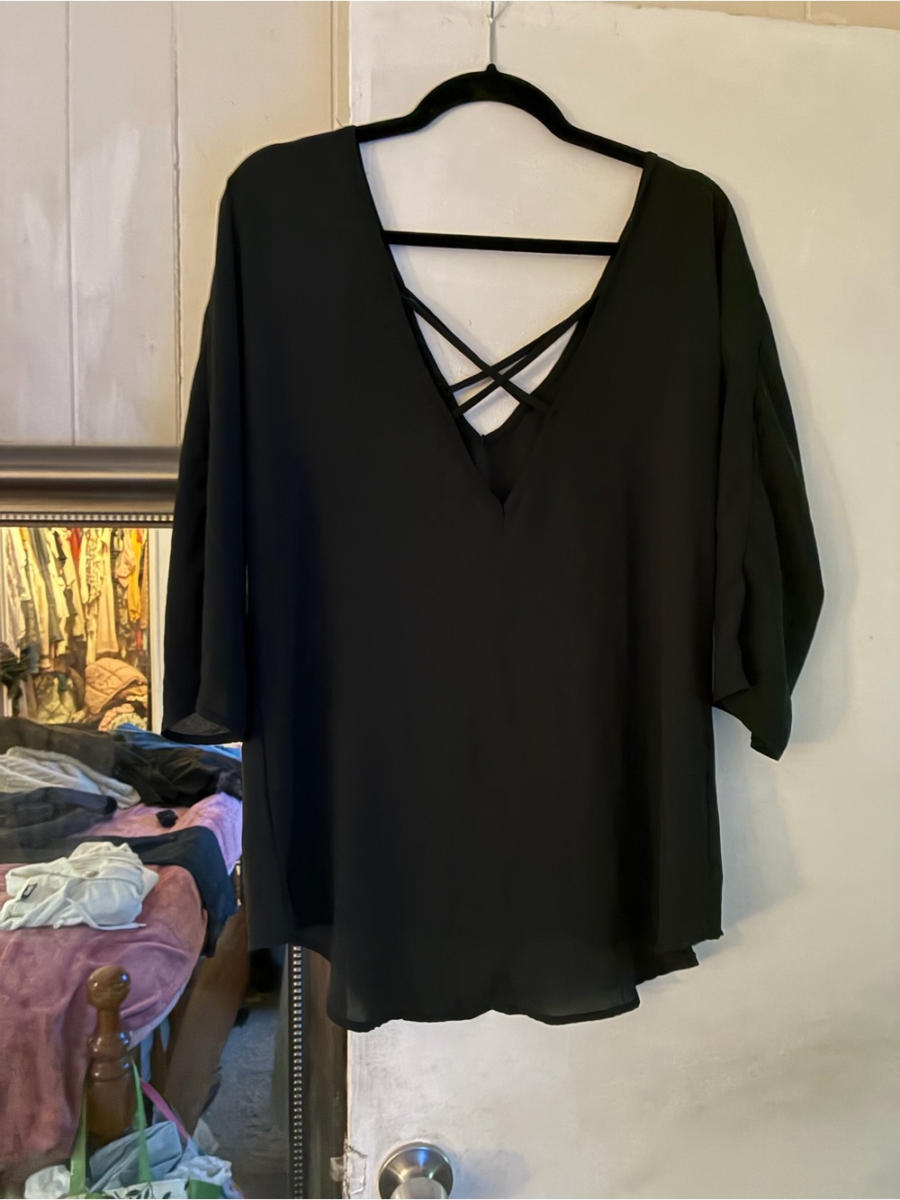 John Galt Flowy Black V-Neck Crisscross Blouse